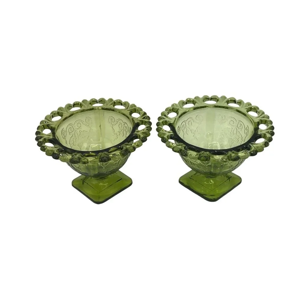 Vintage Green Glass Dessert Bowls Set Of 2 With Decorative Rim  Floral Design - Picture 2 of 15